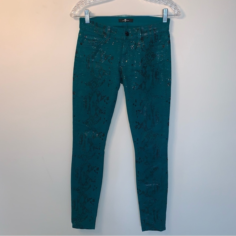 7 For All Mankind Women's Jeggings Green Skinny Pants Snake Skin Glossy 25